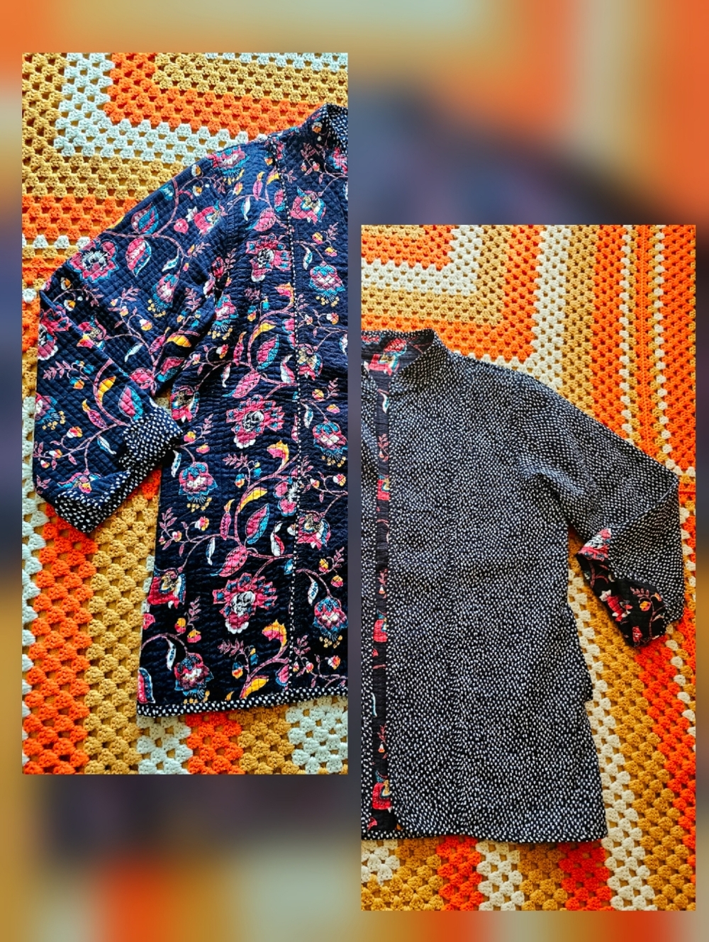 Vintage Reversible Quilted Floral Black Patterned Light Asian Tang Style Jacket